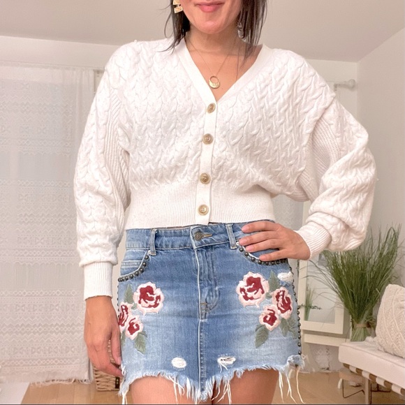 Free People Distressed Denim Mini Skirt with Floral Embroidery - Picture 2 of 7